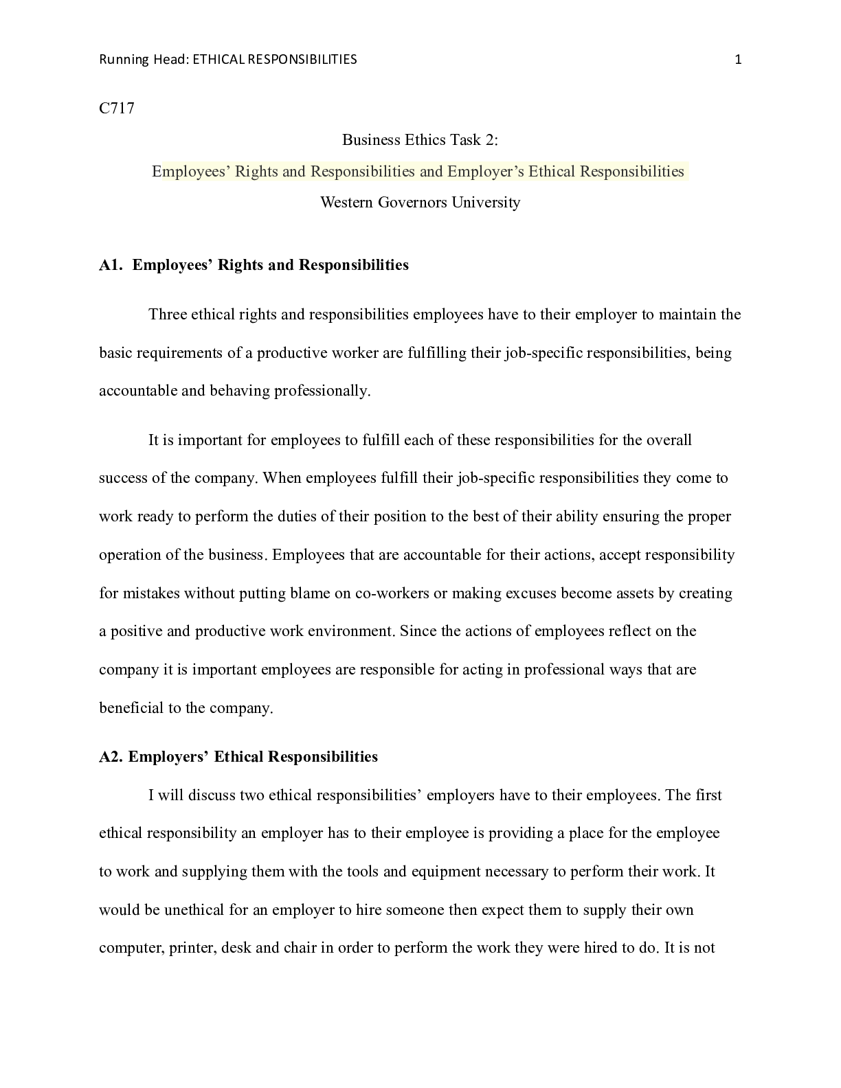 Preview of C717___Task_2___Business_Ethics.docx  C717  Business Ethics Task 2:  Employees™ Rights and